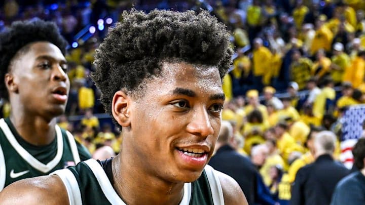 Michigan State's Jeremy Fears Jr. leaves the court after the Spartans loss to Michigan on Sunday, March 8, 2026, at the Crisler Center in Ann Arbor.