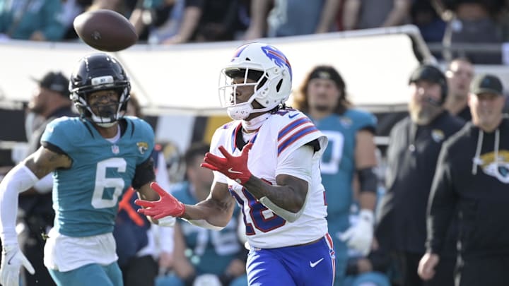 Buffalo Bills wide receiver Brandin Cooks (18) catches a pass against the Jacksonville Jaguars during the second half in an AFC Wild Card Round game at EverBank Stadium. Buffalo Bills wide receiver Brandin Cooks (18) catches a pass against the Jacksonville Jaguars during the second half in an AFC Wild Card Round game at EverBank Stadium.