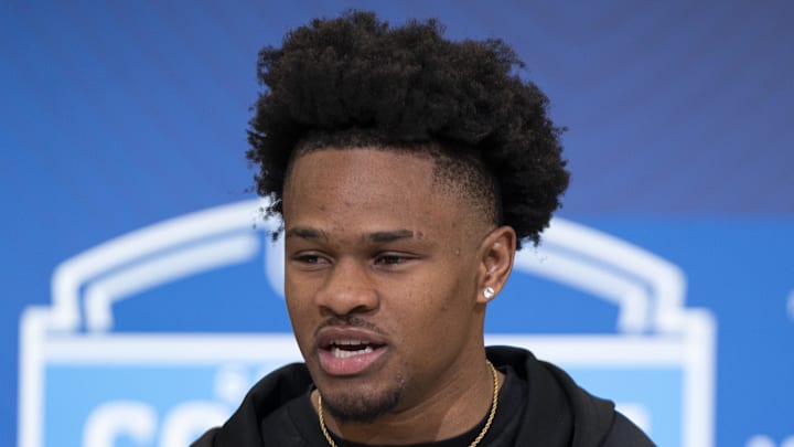 Feb 26, 2026; Indianapolis, IN, USA; Duke defensive back Chandler Rivers (DB28) speaks to members of the media during the NFL Combine at the Indiana Convention Center. Mandatory Credit: Jacob Musselman-Imagn Images Feb 26, 2026; Indianapolis, IN, USA; Duke defensive back Chandler Rivers (DB28) speaks to members of the media during the NFL Combine at the Indiana Convention Center. Mandatory Credit: Jacob Musselman-Imagn Images