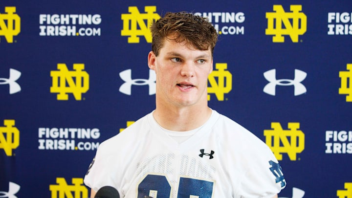 Notre Dame tight end Cooper Flanagan addresses media after a Notre Dame football practice at Irish Athletic Center on Thursday, Aug. 1, 2024, in South Bend.