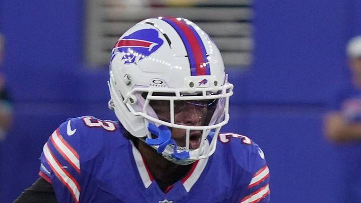 Buffalo Bills defensive back Damar Hamlin makes an interception and gains a few yards before being tackled during first half action of the Bills preseason game against the Pittsburgh Steelers at Highmark Stadium on Aug. 27, 2026.