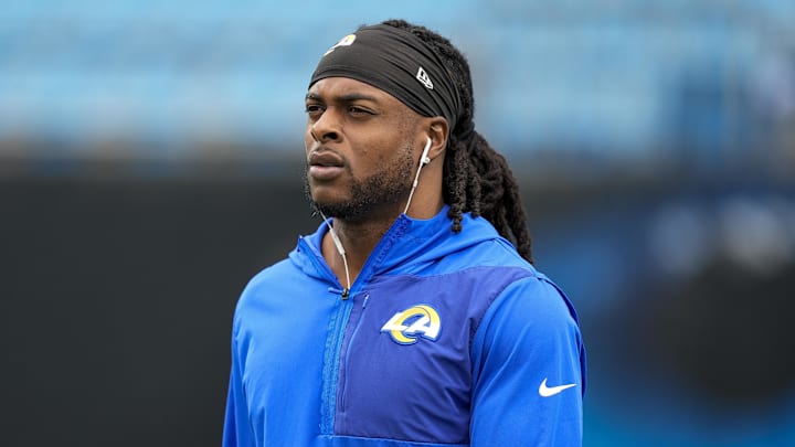 Jan 10, 2026; Charlotte, NC, USA; Los Angeles Rams wide receiver Davante Adams (17) during pregame warm ups before the NFC Wild Card Round game between the Carolina Panthers and the Los Angeles Rams at Bank of America Stadium. Mandatory Credit: Jim Dedmon-Imagn Images