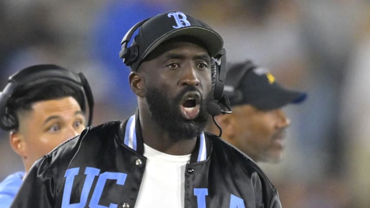 Nov 8, 2024; Pasadena, California, USA;  UCLA Bruins head coach DeShaun Foster on the sidelines during the second half against the Iowa Hawkeyes at the Rose Bowl. Mandatory Credit: Jayne Kamin-Oncea-Imagn Images