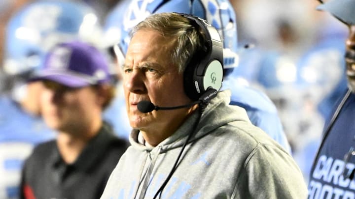 Sep 1, 2025; Chapel Hill, North Carolina, USA;  North Carolina Tar Heels head coach Bill Belichick on the sidelines in the first quarter at Kenan Stadium. Mandatory Credit: Bob Donnan-Imagn Images