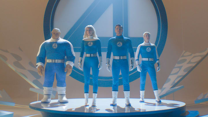 (L-R): Ebon Moss-Bachrach as Ben Grimm/The Thing, Vanessa Kirby as Sue Storm/Invisible Woman, Pedro Pascal as Reed Richards/Mister Fantastic and Joseph Quinn as Johnny Storm/Human Torch in 20th Century Studios/Marvel Studios' FANTASTIC FOUR: FIRST STEPS. Photo courtesy of 20th Century Studios/Marvel Studios. © 2025 20th Century Studios / © and ™ 2025 MARVEL.