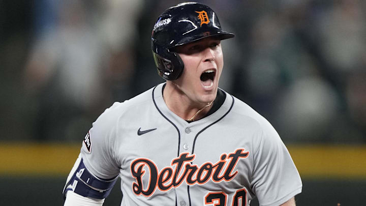 Oct 10, 2025; Seattle, Washington, USA; Detroit Tigers right fielder Kerry Carpenter (30) reacts after hitting a two-run home run against the Seattle Mariners during the sixth inning during game five of the ALDS round for the 2025 MLB playoffs at T-Mobile Park. Oct 10, 2025; Seattle, Washington, USA; Detroit Tigers right fielder Kerry Carpenter (30) reacts after hitting a two-run home run against the Seattle Mariners during the sixth inning during game five of the ALDS round for the 2025 MLB playoffs at T-Mobile Park.