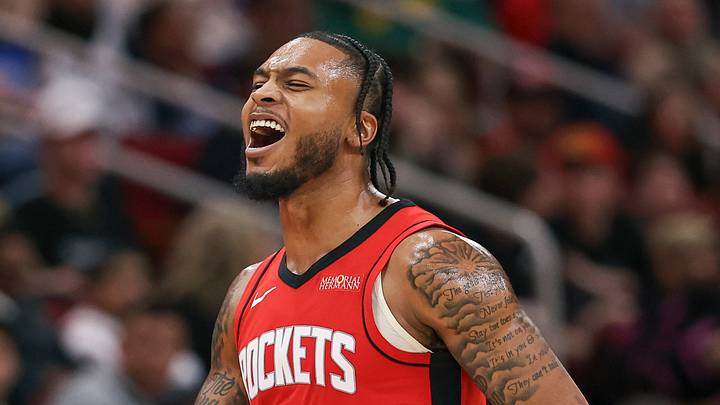 Jan 1, 2025; Houston, Texas, USA; Houston Rockets forward Cam Whitmore (7) reacts after scoring a basket during the fourth quarter against the Dallas Mavericks at Toyota Center. Mandatory Credit: Troy Taormina-Imagn Images Jan 1, 2025; Houston, Texas, USA; Houston Rockets forward Cam Whitmore (7) reacts after scoring a basket during the fourth quarter against the Dallas Mavericks at Toyota Center. Mandatory Credit: Troy Taormina-Imagn Images