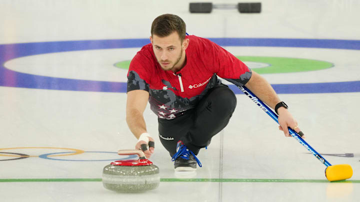 Korey Dropkin of Team United States during a curling mixed doubles match