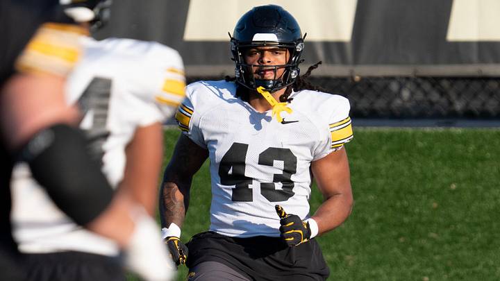 Iowa defensive lineman Kahmari Brown (43) warms up during practice April 9, 2026 in Iowa City, Iowa.