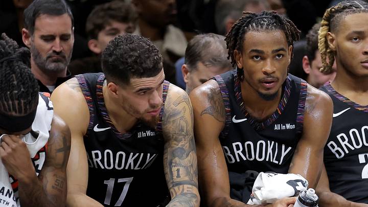 Jan 9, 2026; Brooklyn, New York, USA; Brooklyn Nets guard Terance Mann (14) and forward Michael Porter Jr. (17) and center Nic Claxton (33) and forward Noah Clowney (21) sit on the bench late during the fourth quarter against the Los Angeles Clippers at Barclays Center. Mandatory Credit: Brad Penner-Imagn Images Jan 9, 2026; Brooklyn, New York, USA; Brooklyn Nets guard Terance Mann (14) and forward Michael Porter Jr. (17) and center Nic Claxton (33) and forward Noah Clowney (21) sit on the bench late during the fourth quarter against the Los Angeles Clippers at Barclays Center. Mandatory Credit: Brad Penner-Imagn Images