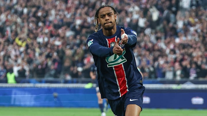 Bradley Barcola, double buteur du PSG en finale de Coupe de France face à Reims. Bradley Barcola, double buteur du PSG en finale de Coupe de France face à Reims.