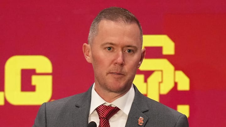 Jul 24, 2025; Las Vegas, NV, USA; USC head coach Lincoln Riley speaks to the media during the Big Ten NCAA college football media days at Mandalay Bay Resort. Mandatory Credit: Lucas Peltier-Imagn Images