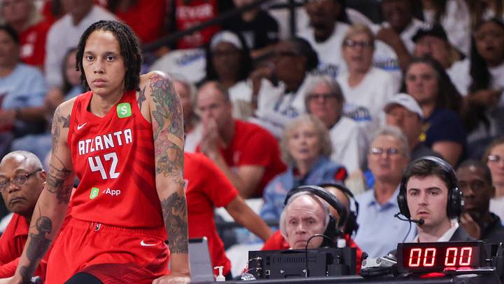 Atlanta Dream center Brittney Griner (42) waits to enter a game against the Indiana Fever in the first quarter during game one of round one for the 2025 WNBA Playoffs at Gateway Center Arena at College Park. 