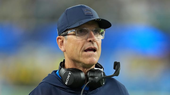 Dec 8, 2025; Inglewood, California, USA; Los Angeles Chargers head coach Jim Harbaugh reacts in the first half against the Philadelphia Eagles at SoFi Stadium. Mandatory Credit: Kirby Lee-Imagn Images Dec 8, 2025; Inglewood, California, USA; Los Angeles Chargers head coach Jim Harbaugh reacts in the first half against the Philadelphia Eagles at SoFi Stadium. Mandatory Credit: Kirby Lee-Imagn Images