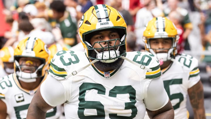 Oct 19, 2025; Glendale, Arizona, USA; Green Bay Packers tackle Rasheed Walker (63) against the Arizona Cardinals at State Farm Stadium. Mandatory Credit: Mark J. Rebilas-Imagn Images Oct 19, 2025; Glendale, Arizona, USA; Green Bay Packers tackle Rasheed Walker (63) against the Arizona Cardinals at State Farm Stadium. Mandatory Credit: Mark J. Rebilas-Imagn Images