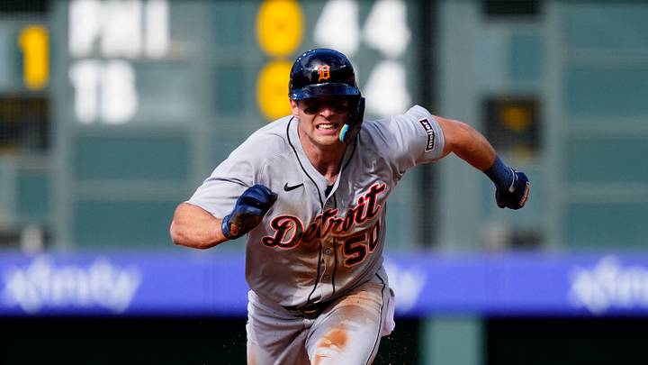May 8, 2025; Denver, Colorado, USA; Detroit Tigers center fielder Brewer Hicklen (50) advances to third after a throwing error by the Colorado Rockies in the fourth inning at Coors Field. Mandatory Credit: Ron Chenoy-Imagn Images May 8, 2025; Denver, Colorado, USA; Detroit Tigers center fielder Brewer Hicklen (50) advances to third after a throwing error by the Colorado Rockies in the fourth inning at Coors Field. Mandatory Credit: Ron Chenoy-Imagn Images