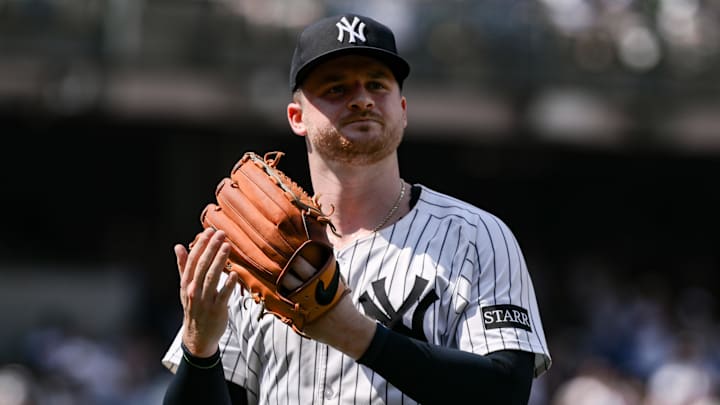 Jun 21, 2025; Bronx, New York, USA; New York Yankees pitcher Clarke Schmidt (36) reacts after leaving the game during the seventh inning against the Baltimore Orioles at Yankee Stadium. Mandatory Credit: John Jones-Imagn Images
