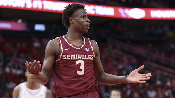 Dec 6, 2025; Houston, TX, USA; Florida State Seminoles forward Thomas Bassong (3) reacts after a play during the second half against the Houston Cougars at Toyota Center. Mandatory Credit: Troy Taormina-Imagn Images