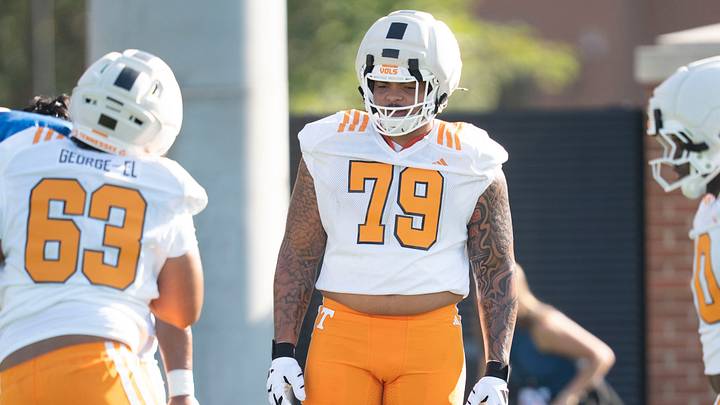 Tennessee offensive lineman Gabriel Osenda (79) during Tennessee football’s first preseason practice in Knoxville, Tennessee, Aug. 5, 2026. Tennessee offensive lineman Gabriel Osenda (79) during Tennessee football’s first preseason practice in Knoxville, Tennessee, Aug. 5, 2026.