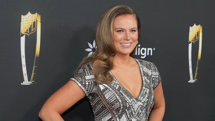 New Orleans, LA, USA; Jamie Erdahl on the red carpet before Super Bowl LIX NFL Honors at Saenger Theatre.