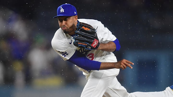 Mar 31, 2026; Los Angeles, California, USA; Los Angeles Dodgers pitcher Edwin Diaz (3) throws against the Cleveland Guardians during the ninth inning at Dodger Stadium. Mandatory Credit: Gary A. Vasquez-Imagn Images