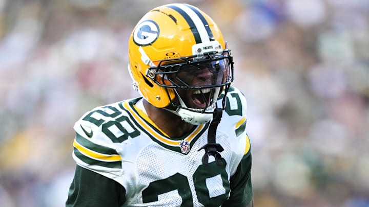 Former Green Bay Packers linebacker Isaiah Simmons (28) reacts to tackling Seattle Seahawks running back Jacardia Wright (31) during the second half at Lambeau Field.