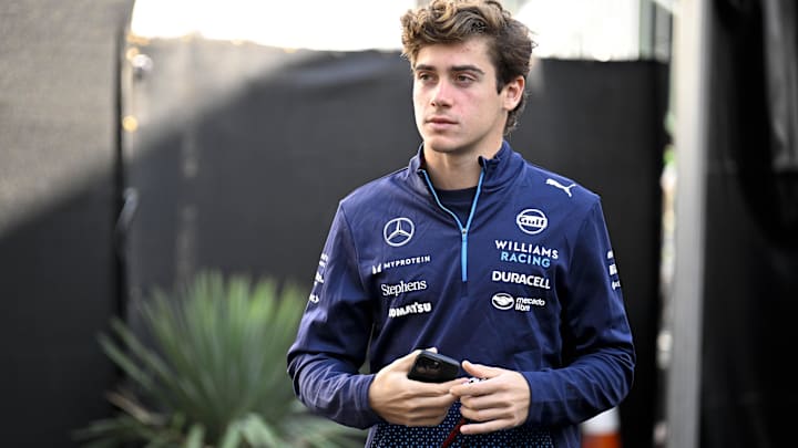 Oct 18, 2024; Austin, Texas, USA; Williams Racing driver Franco Colapinto (43) of Team Argentina  walks through the track entrance before practice for the 2024 US Grand Prix at Circuit of the Americas. Mandatory Credit: Jerome Miron-Imagn Images