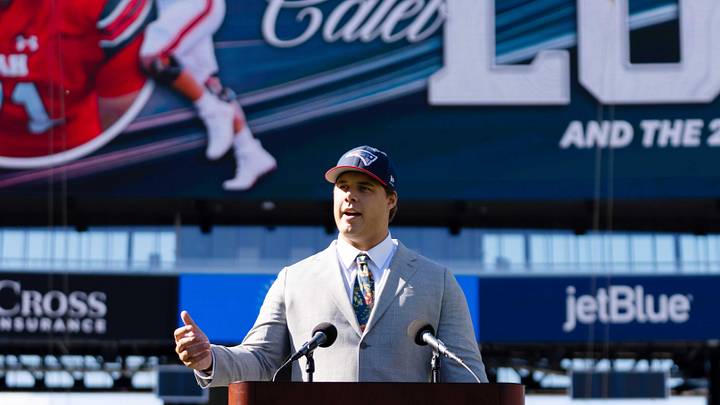 May 7, 2026; Foxborough, MA, USA; New England Patriots first round draft pick Caleb Lomu addresses the media during a press conference on the game field at Gillette Stadium. Mandatory Credit: Natalie Reid-Imagn Images