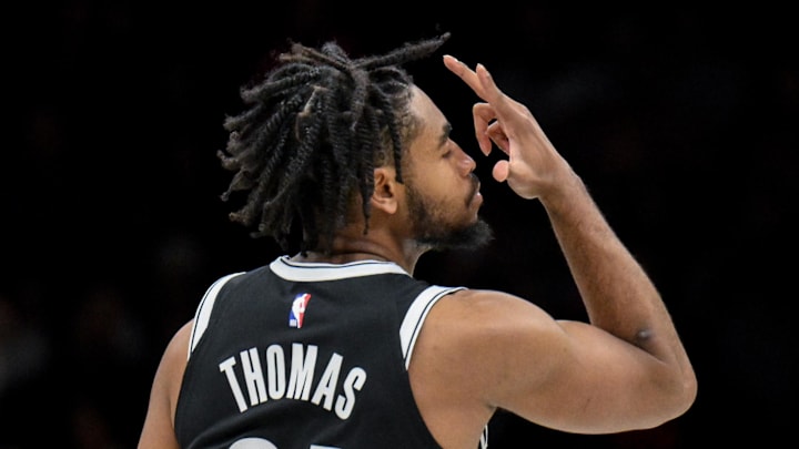 Brooklyn Nets guard Cam Thomas (24) reacts after making a three point shot against the Philadelphia 76ers during the first half at Barclays Center on November 2, 2025.