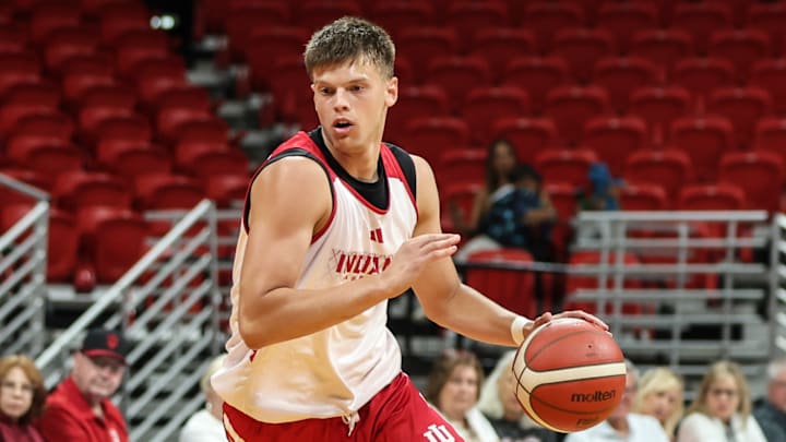 Indiana freshman guard Aleksa Ristic dribbles Aug. 9, 2025, against Mega Superbet at Coliseo Roberto Clemente in San Juan.