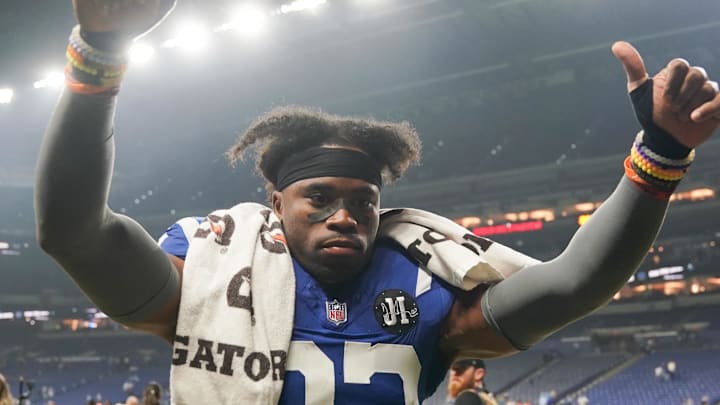 Oct 26, 2025; Indianapolis, Indiana, USA; Indianapolis Colts cornerback Kenny Moore II (23) celebrates after the game against the Tennessee Titans at Lucas Oil Stadium. Mandatory Credit: Robert Goddin-Imagn Images Oct 26, 2025; Indianapolis, Indiana, USA; Indianapolis Colts cornerback Kenny Moore II (23) celebrates after the game against the Tennessee Titans at Lucas Oil Stadium. Mandatory Credit: Robert Goddin-Imagn Images