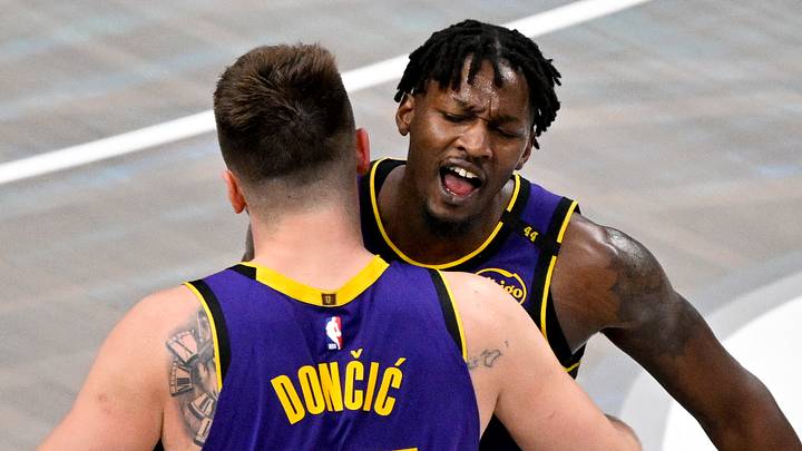 Apr 9, 2025; Dallas, Texas, USA; Los Angeles Lakers guard Luka Doncic (77) and forward Dorian Finney-Smith (17) during the game between the Dallas Mavericks and the Los Angeles Lakers at American Airlines Center. Mandatory Credit: Jerome Miron-Imagn Images