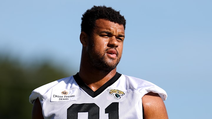 Jul 24, 2024; Jacksonville, FL, USA; Jacksonville Jaguars defensive end Arik Armstead (91) participates in training camp at Miller Electric Center. Mandatory Credit: Nathan Ray Seebeck-Imagn Images