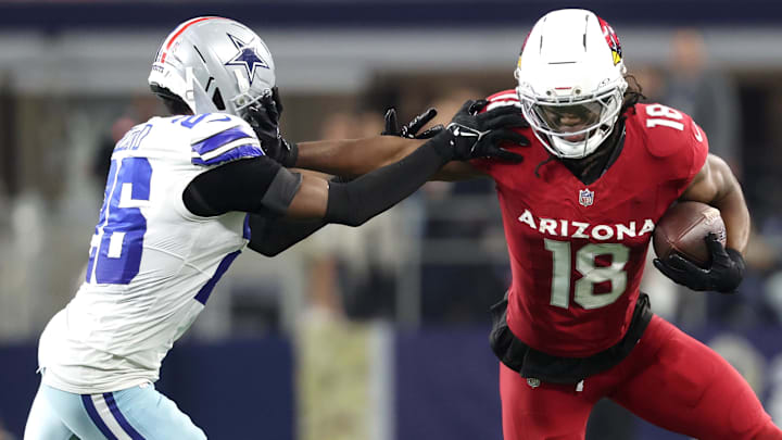 Nov 3, 2025; Arlington, Texas, USA; Arizona Cardinals wide receiver Marvin Harrison Jr. (18) runs against Dallas Cowboys cornerback DaRon Bland (26) in the second half at AT&T Stadium. Nov 3, 2025; Arlington, Texas, USA; Arizona Cardinals wide receiver Marvin Harrison Jr. (18) runs against Dallas Cowboys cornerback DaRon Bland (26) in the second half at AT&T Stadium.