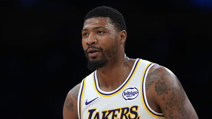 Mar 8, 2026; Los Angeles, California, USA; Los Angeles Lakers guard Marcus Smart (36) reacts against the New York Knicks at Crypto.com Arena. Mandatory Credit: Kirby Lee-Imagn Images
