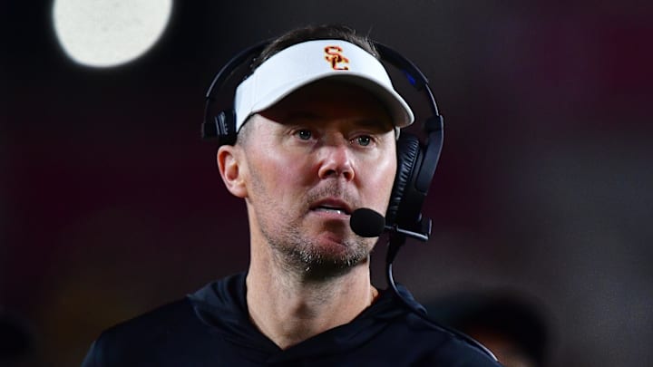 Nov 7, 2025; Los Angeles, California, USA; Southern California Trojans head coach Lincoln Riley watches game action against the Northwestern Wildcats during the second half at the Los Angeles Memorial Coliseum. Mandatory Credit: Gary A. Vasquez-Imagn Images