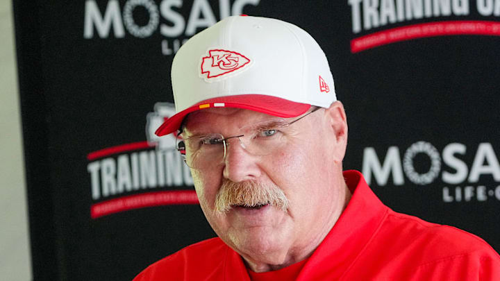 Jul 22, 2025; St. Joseph, MO, USA; Kansas City Chiefs head coach Andy Reid speaks to media after training camp at Missouri Western State University. Mandatory Credit: Denny Medley-Imagn Images