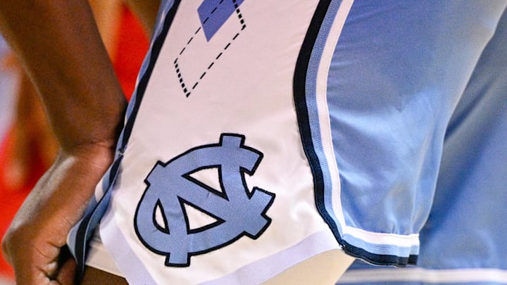 Jan 3, 2026; Dallas, Texas, USA; A view of the North Carolina Tar Heels logo on the shorts of forward Caleb Wilson (8) during the second half against the SMU Mustangs at Moody Coliseum. Mandatory Credit: Jerome Miron-Imagn Images