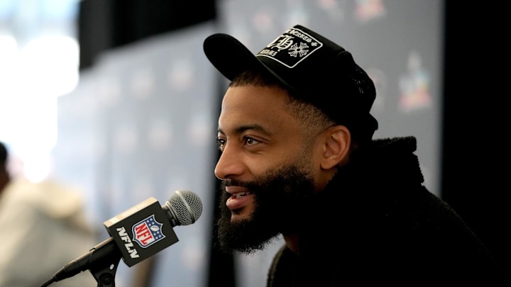 Feb 4, 2026; Santa Clara, CA, USA; New England Patriots cornerback Carlton Davis III (7) speaks to the media at the Santa Clara Marriott. Mandatory Credit: Cary Edmondson-Imagn Images