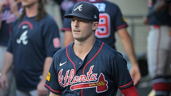 Los Angeles, California, USA;  Atlanta Braves outfielder Mike Yastrzemski (18) before game two of the NLDS for the 2026 MLB Playoffs against the Los Angeles Dodgers at Uniqlo Field at Dodger Stadium.  Mandatory Credit: Jayne Kamin-Oncea-Imagn Images