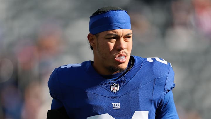 Jan 4, 2026; East Rutherford, New Jersey, USA; New York Giants safety Dane Belton (24) looks on before the game against the Dallas Cowboys at MetLife Stadium. Jan 4, 2026; East Rutherford, New Jersey, USA; New York Giants safety Dane Belton (24) looks on before the game against the Dallas Cowboys at MetLife Stadium.