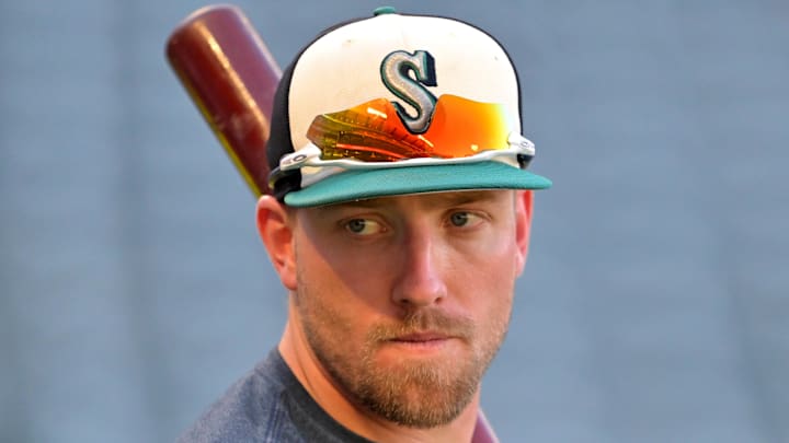 Seattle Mariners right fielder Luke Raley warms up before a game against the Los Angeles Angels on July 24 at Angel Stadium.