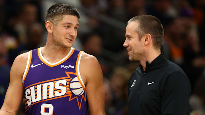 Nov 29, 2025; Phoenix, Arizona, USA; Phoenix Suns guard Grayson Allen (8) with head coach Jordan Ott against the Denver Nuggets at the Mortgage Matchup Center. Mandatory Credit: Mark J. Rebilas-Imagn Images