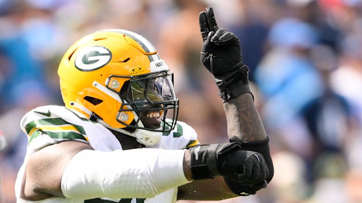 Green Bay Packers defensive tackle Devonte Wyatt celebrates his sack of Tennessee Titans QB Will Levis.