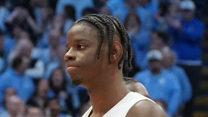 Feb 7, 2026; Chapel Hill, North Carolina, USA; North Carolina Tar Heels forward Caleb Wilson (8) on the court in the second half at Dean E. Smith Center. Mandatory Credit: Bob Donnan-Imagn Images