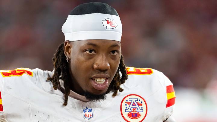 Aug 9, 2025; Glendale, Arizona, USA; Kansas City Chiefs offensive tackle Wanya Morris (64) against the Arizona Cardinals during a preseason NFL game at State Farm Stadium. Mandatory Credit: Mark J. Rebilas-Imagn Images