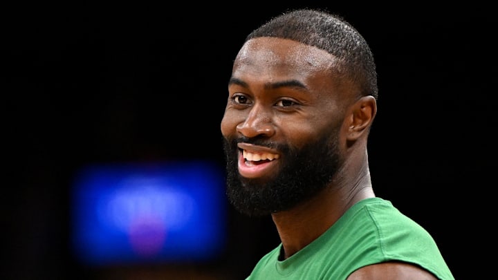 Jan 10, 2026; Boston, Massachusetts, USA; Boston Celtics guard Jaylen Brown (7) during warmups before a game against the San Antonio Spurs during the first half at the TD Garden. Mandatory Credit: Brian Fluharty-Imagn Images