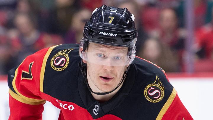 Apr 9, 2026; Ottawa, Ontario, CAN; Ottawa Senators left wing Brady Tkachuk (7) gets in position for a face off  in the first period against the Florida Panthers at the Canadian Tire Centre. Mandatory Credit: Marc DesRosiers-IMAGN Images