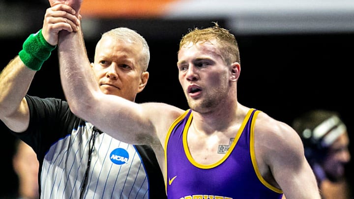 Northern Iowa's Cael Happel has his hand raised after his match with Columbia's Matt Kazimir at 141 pounds during the first session of the NCAA Division I Wrestling Championships, Thursday, March 16, 2023, at BOK Center in Tulsa, Okla.
230316 Ncaa S1 Wr 004 Jpg Northern Iowa's Cael Happel has his hand raised after his match with Columbia's Matt Kazimir at 141 pounds during the first session of the NCAA Division I Wrestling Championships, Thursday, March 16, 2023, at BOK Center in Tulsa, Okla.
230316 Ncaa S1 Wr 004 Jpg