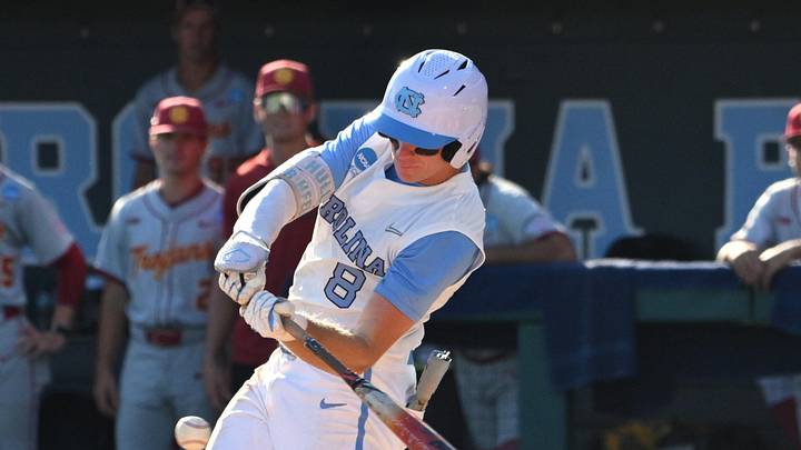 Jun 5, 2026; Chapel Hill, NC, USA; North Carolina Tar Heels outfielder Owen Hull (8) hits the ball in the seventh inning agains the USC Trojans at Boshamer Stadium. Mandatory Credit: Zachary Taft-Imagn Images Jun 5, 2026; Chapel Hill, NC, USA; North Carolina Tar Heels outfielder Owen Hull (8) hits the ball in the seventh inning agains the USC Trojans at Boshamer Stadium. Mandatory Credit: Zachary Taft-Imagn Images